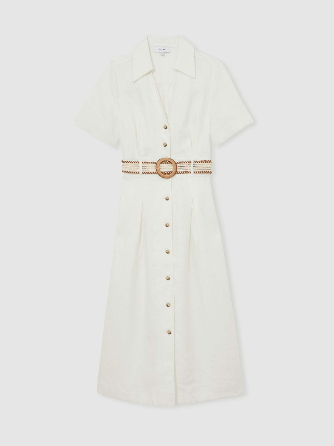 Reiss Linen Belted Midi Shirt Dress in Ivory
