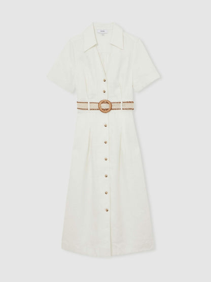 Reiss Linen Belted Midi Shirt Dress in Ivory