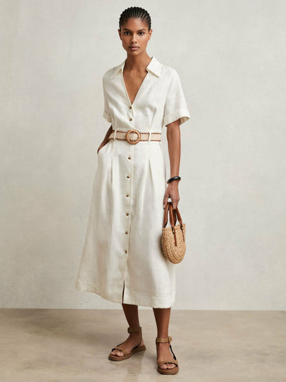 Reiss Linen Belted Midi Shirt Dress in Ivory