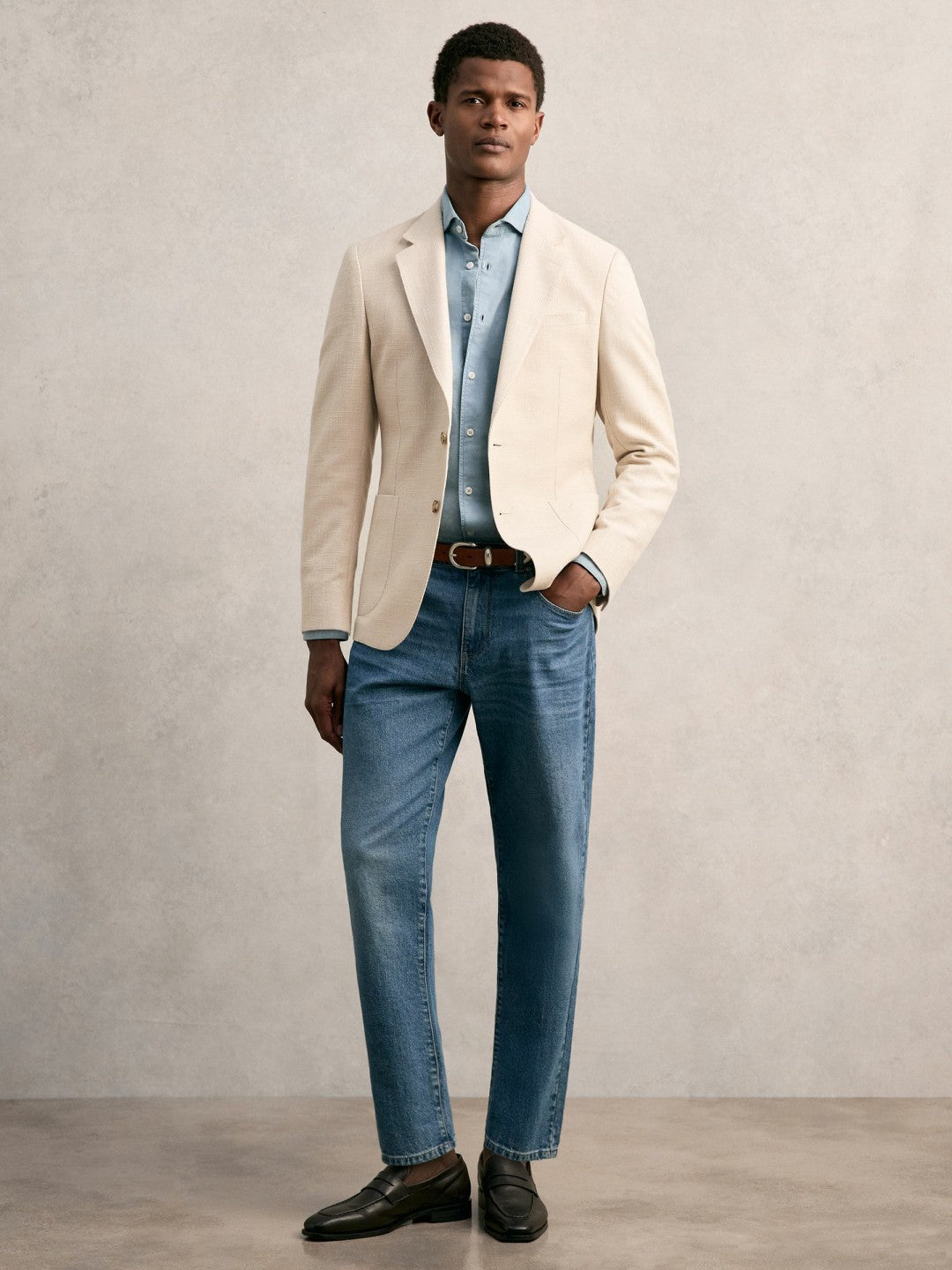 Reiss Slim Fit Single Breasted Textured Blazer with Cotton in Stone