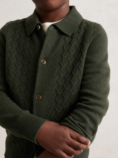 Reiss 9-13 yrs Wool V-Stitch Button-Through Cardigan in Forest Green