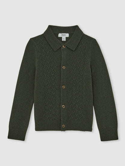 Reiss 9-13 yrs Wool V-Stitch Button-Through Cardigan in Forest Green