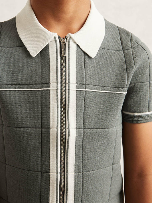 Reiss 9-13 yrs Tipped Knit Zip-Through Shirt in Dark Sage Green