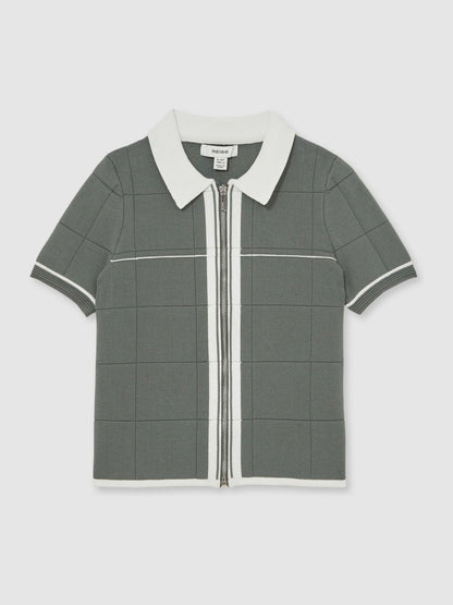 Reiss 9-13 yrs Tipped Knit Zip-Through Shirt in Dark Sage Green