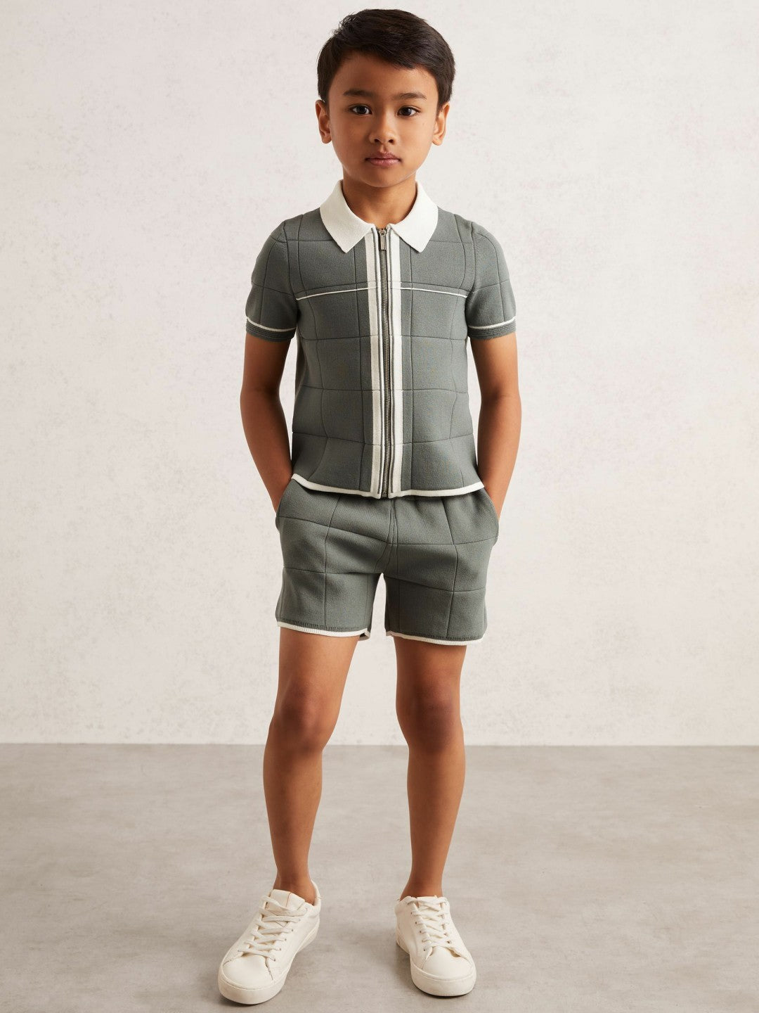 Reiss 9-13 yrs Tipped Knit Zip-Through Shirt in Dark Sage Green