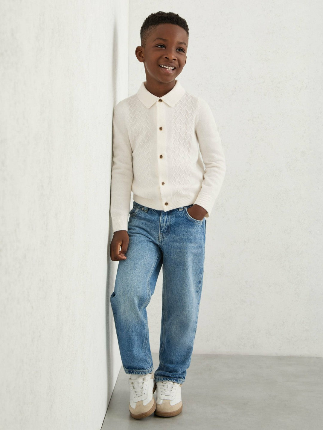 Reiss 9-13 yrs Wool V-Stitch Button-Through Cardigan in Off White