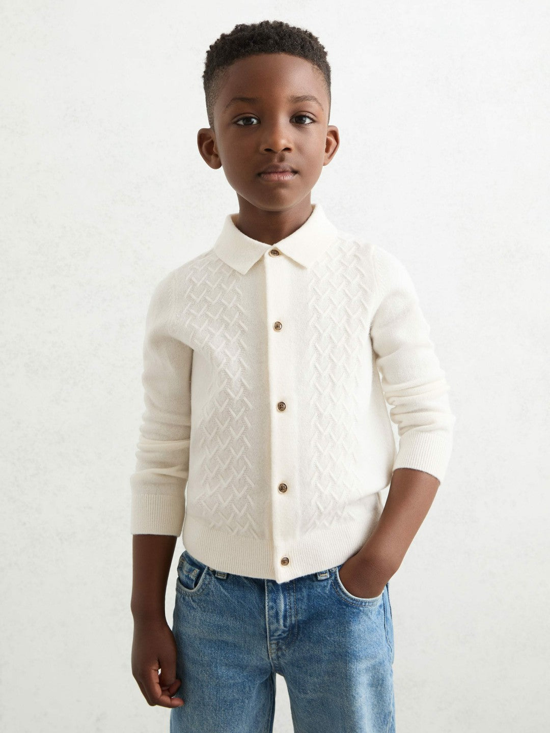 Reiss 9-13 yrs Wool V-Stitch Button-Through Cardigan in Off White