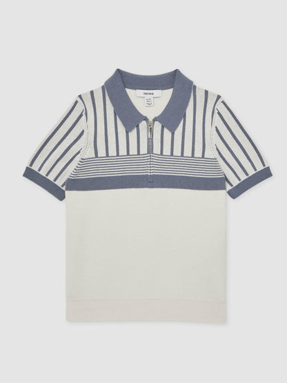 Reiss 13-14 yrs Cotton Stripe Knit Half-Zip Polo Shirt in Off White/ Airforce Blue
