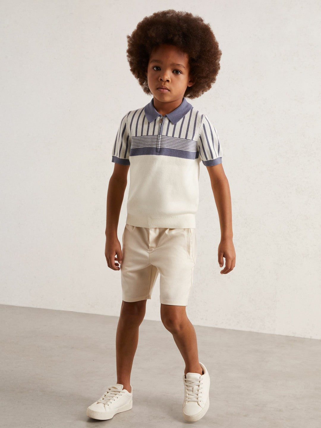 Reiss 13-14 yrs Cotton Stripe Knit Half-Zip Polo Shirt in Off White/ Airforce Blue