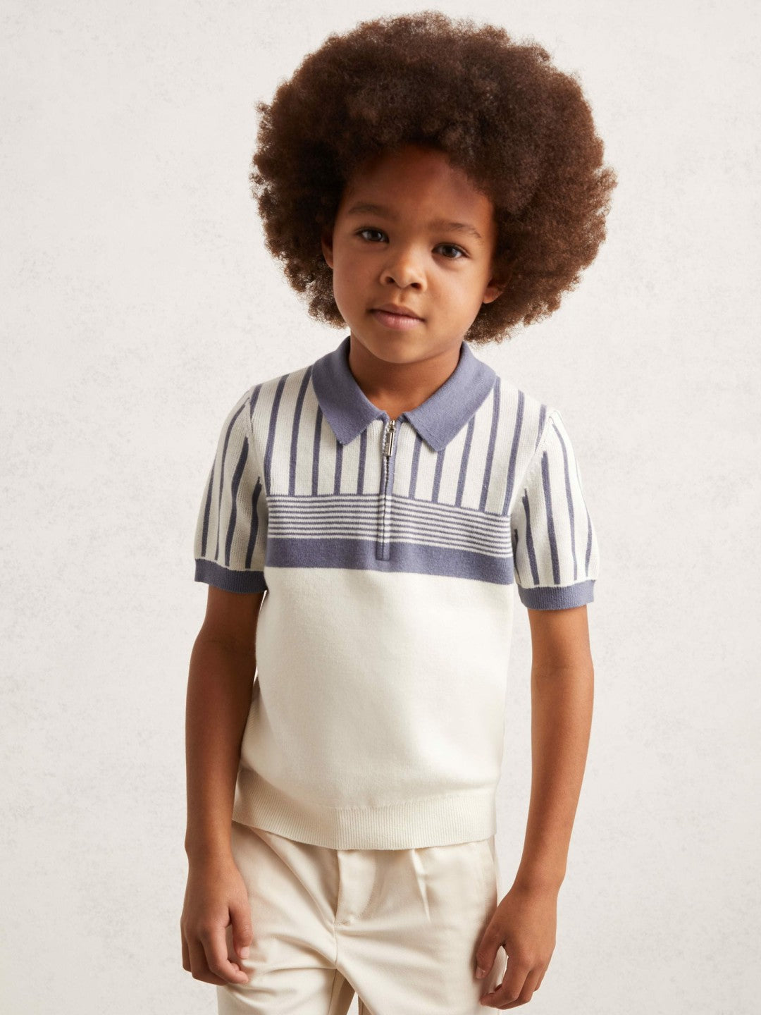Reiss 13-14 yrs Cotton Stripe Knit Half-Zip Polo Shirt in Off White/ Airforce Blue