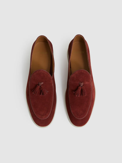 Reiss Suede Tassel Loafers in Maroon Red