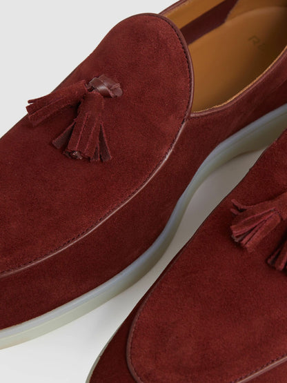 Reiss Suede Tassel Loafers in Maroon Red