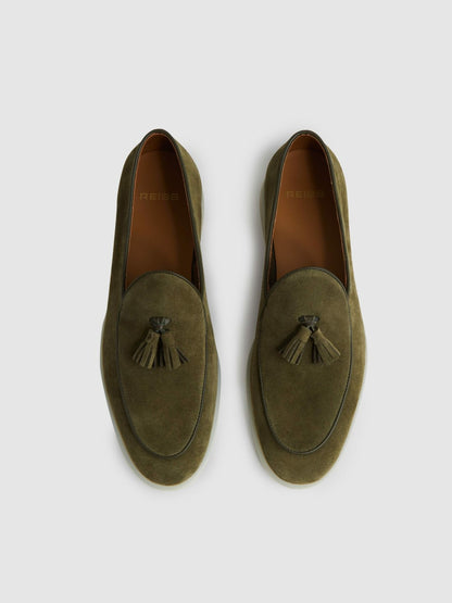 Reiss Suede Tassel Loafers in Moss Green