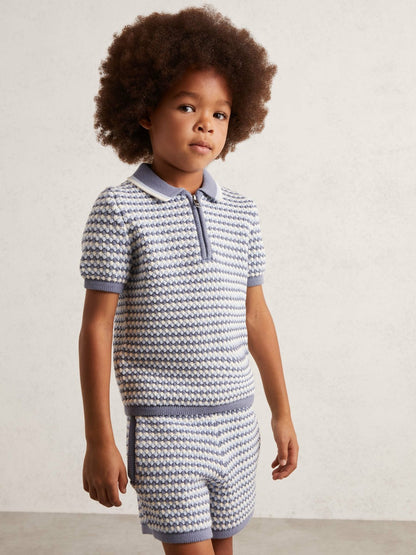 Reiss 9-13 yrs Knitted Stripe Half-Zip Polo Shirt in Blue/White
