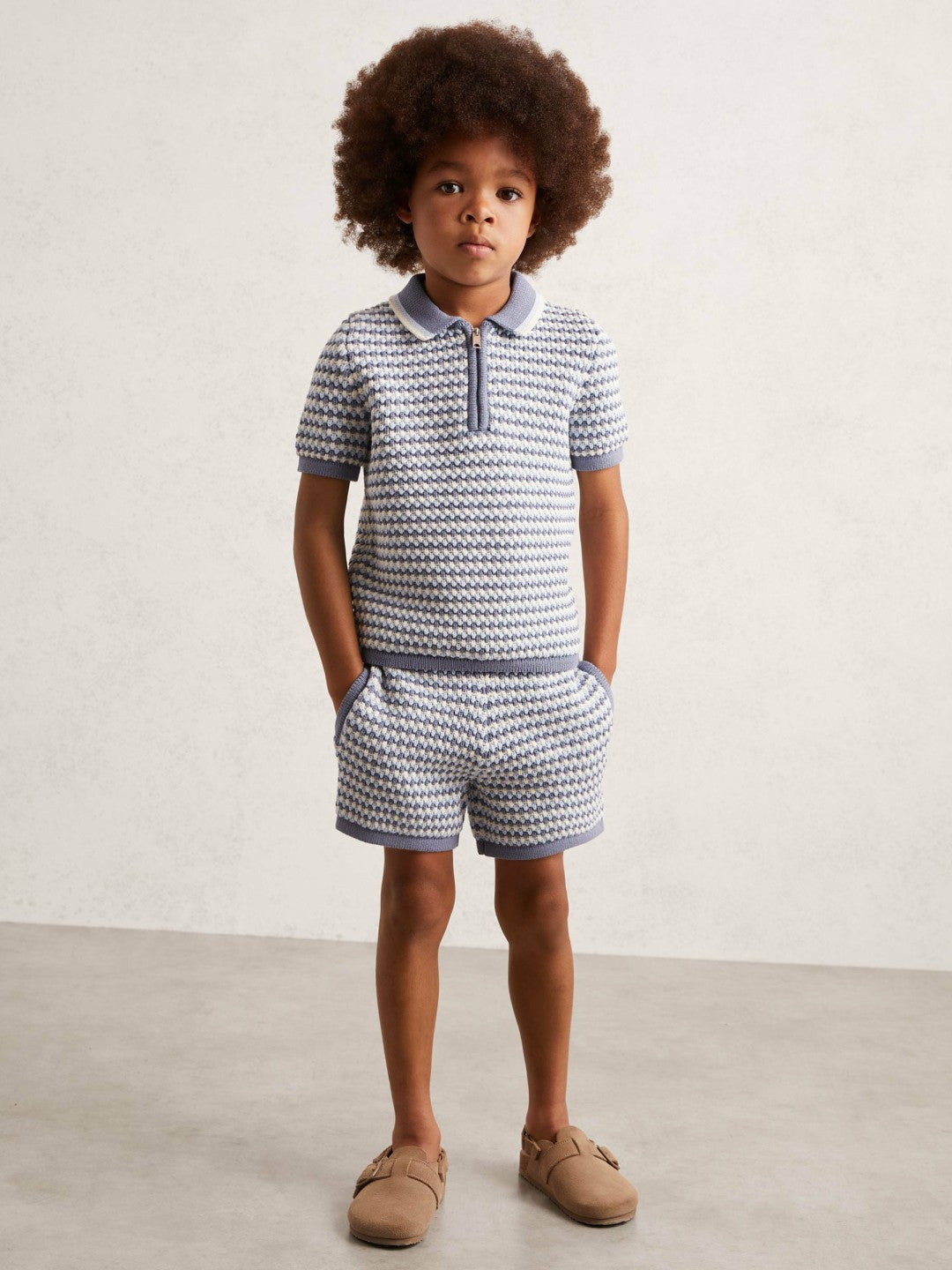Reiss 9-13 yrs Knitted Stripe Half-Zip Polo Shirt in Blue/White