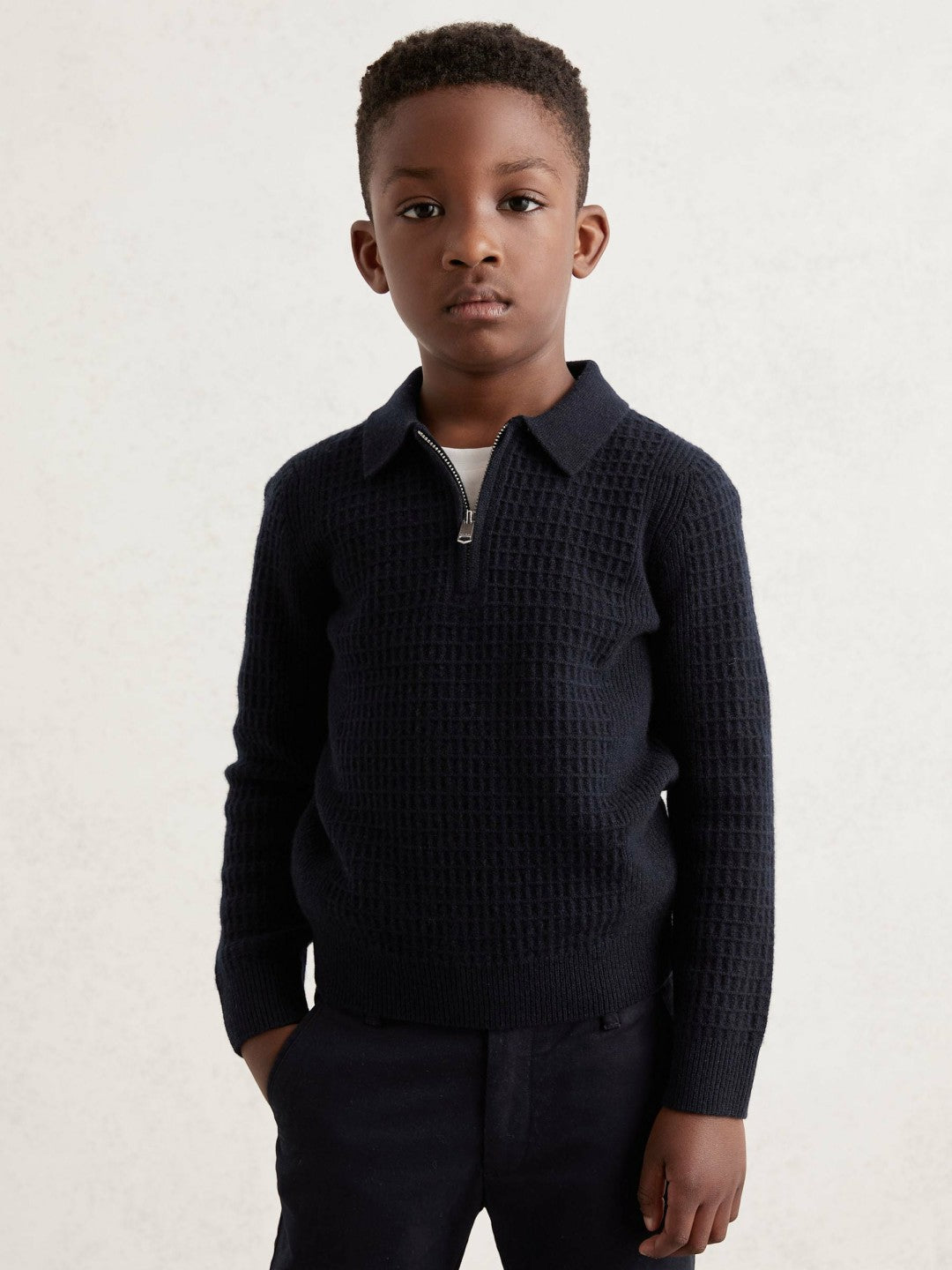Reiss 13-14 yrs Wool Waffle-Knit Half-Zip Polo Shirt in Navy Blue