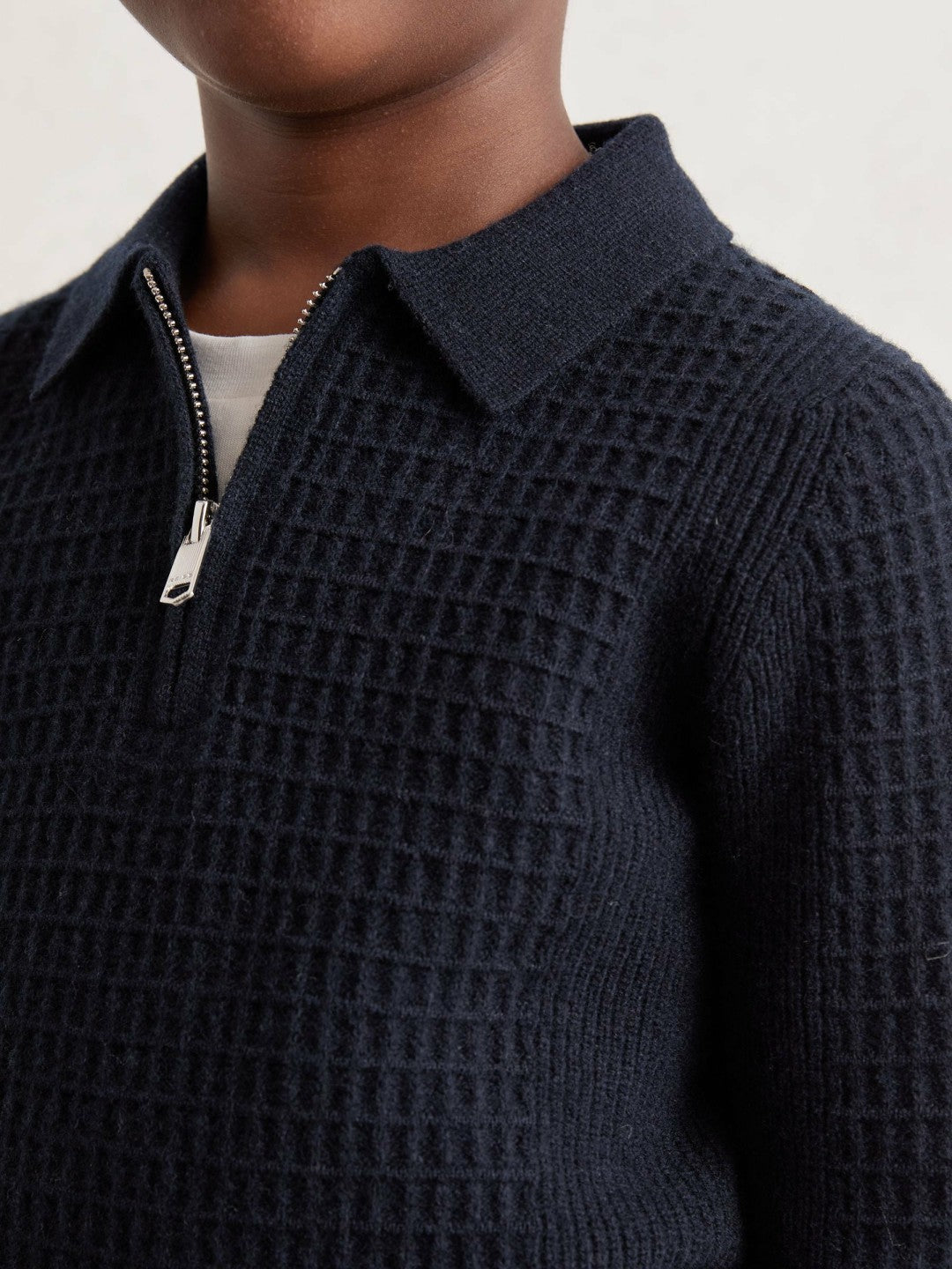 Reiss 13-14 yrs Wool Waffle-Knit Half-Zip Polo Shirt in Navy Blue