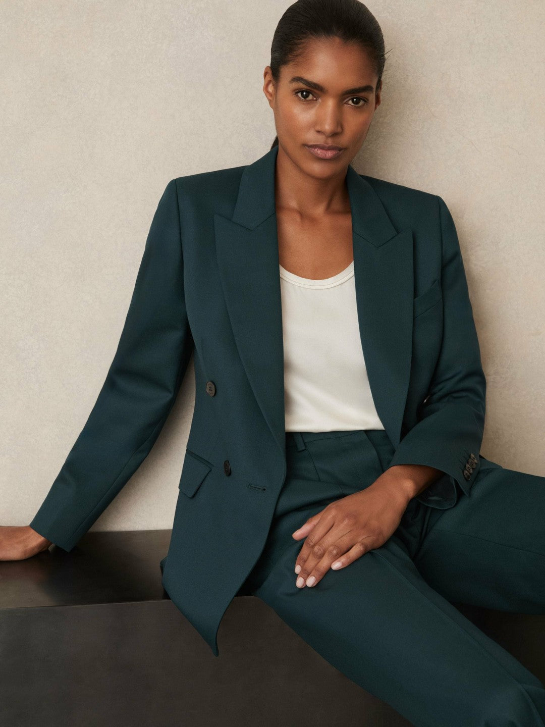 Reiss Wool-Blend Double-Breasted Suit Blazer in Green