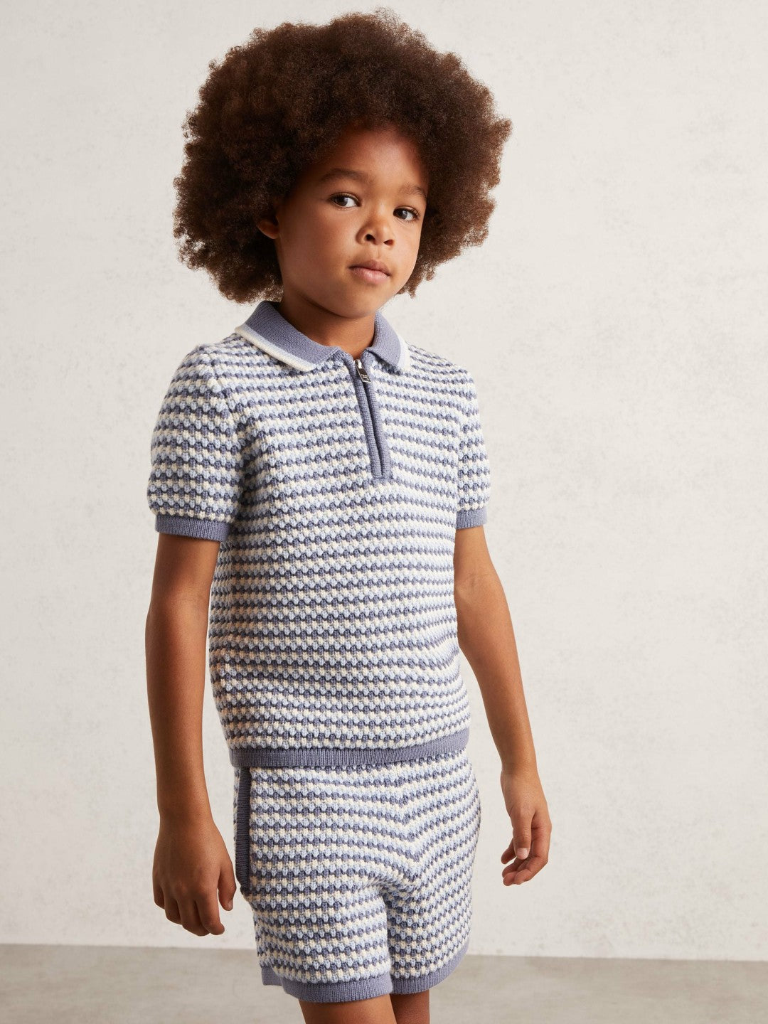 Reiss 13-14 yrs Knitted Stripe Half-Zip Polo Shirt in Blue/White