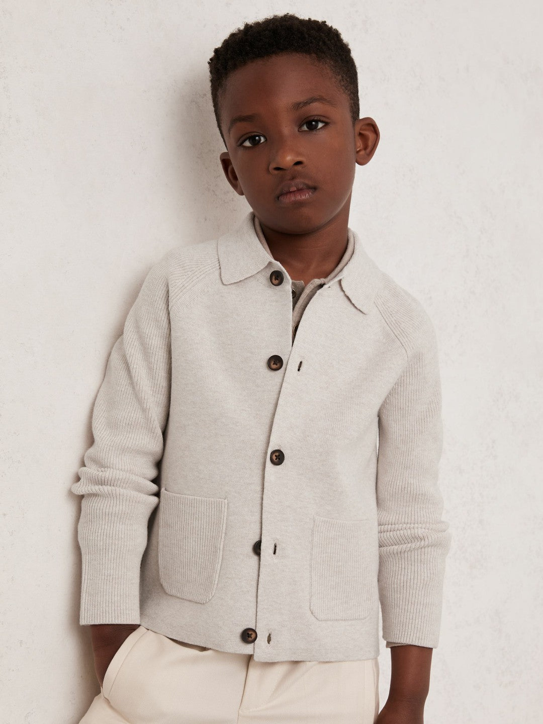 Reiss 13-14 yrs Button-Through Knitted Cardigan in Oatmeal Melange