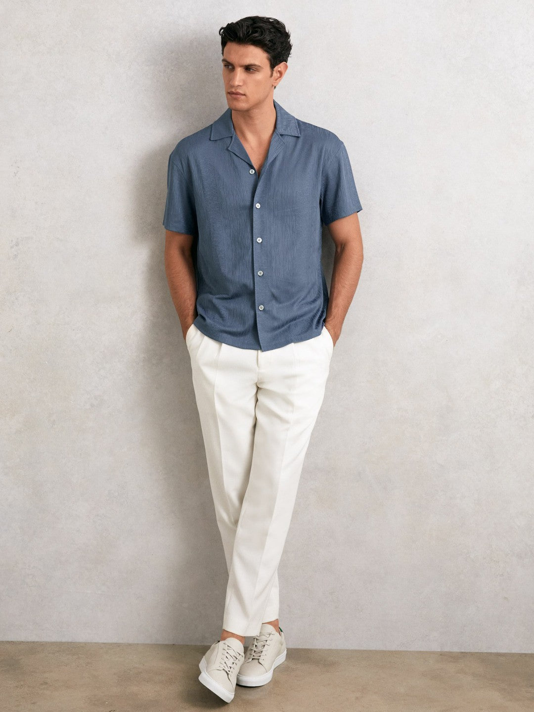 Reiss Jacquard-Stripe Cuban-Collar Shirt in Airforce Blue