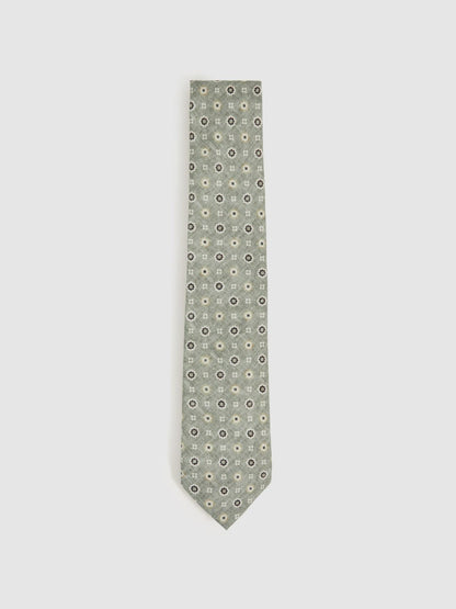 Reiss Silk Floral-Medallion Tie in Soft Sage