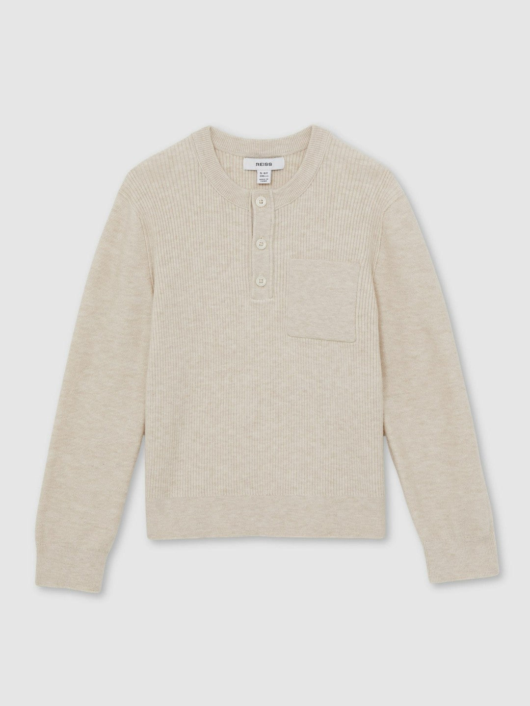 Reiss 13-14 yrs Cotton-Blend Rib-Knit Henley Top in Oatmeal Melange