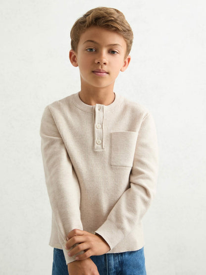 Reiss 13-14 yrs Cotton-Blend Rib-Knit Henley Top in Oatmeal Melange
