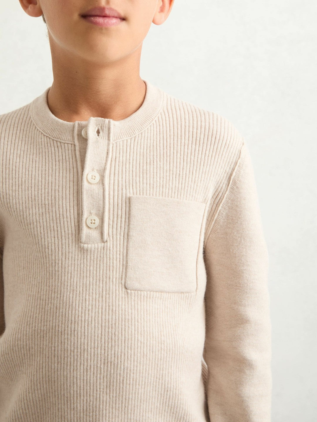 Reiss 13-14 yrs Cotton-Blend Rib-Knit Henley Top in Oatmeal Melange
