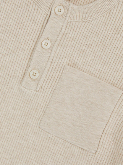 Reiss 13-14 yrs Cotton-Blend Rib-Knit Henley Top in Oatmeal Melange