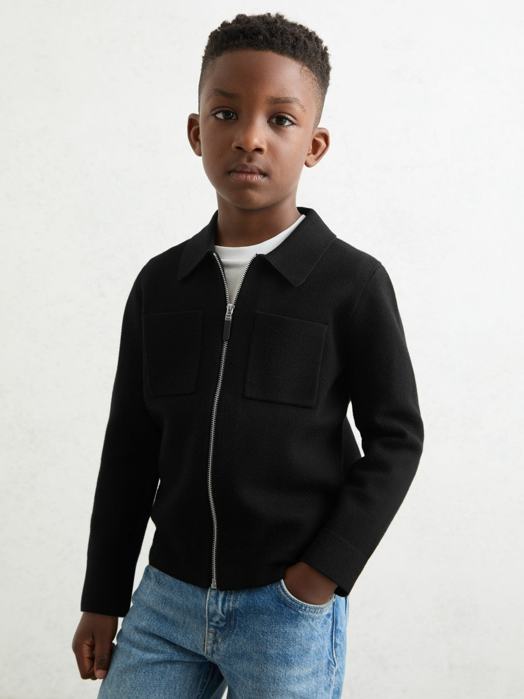 Reiss 9-13 yrs Knitted Zip-Through Cardigan in Black