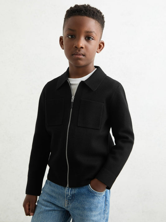 Reiss 9-13 yrs Knitted Zip-Through Cardigan in Black