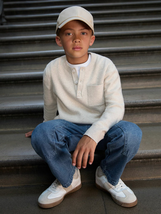 Reiss 3-9 yrs Cotton-Blend Rib-Knit Henley Top in Oatmeal Melange