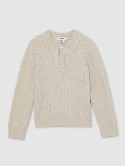 Reiss 3-9 yrs Cotton-Blend Rib-Knit Henley Top in Oatmeal Melange