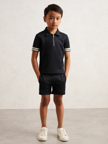 Reiss 3-9 yrs Textured Half Zip Polo Shirt in Navy Blue