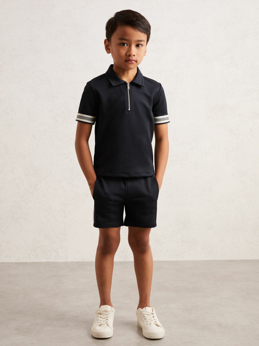 Reiss 3-9 yrs Textured Half Zip Polo Shirt in Navy Blue