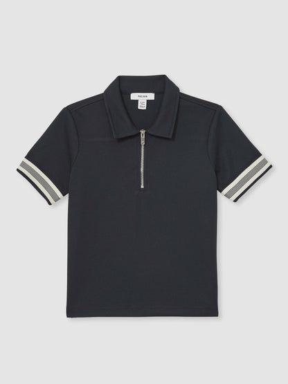 Reiss 3-9 yrs Textured Half Zip Polo Shirt in Navy Blue