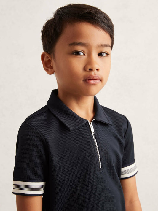 Reiss 9-13 yrs Textured Half Zip Polo Shirt in Navy Blue