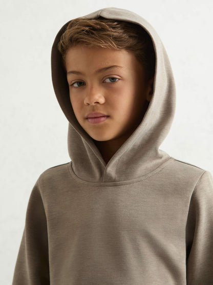 Reiss Interlock Jersey Hoodie in Taupe Brown