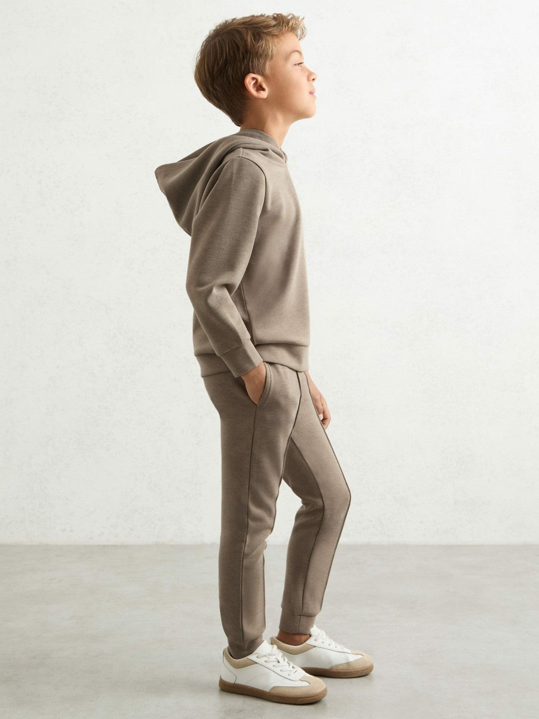 Reiss Interlock Jersey Hoodie in Taupe Brown