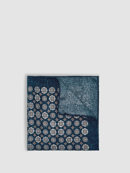Reiss Silk Medallion Print Pocket Square in Indigo Melange