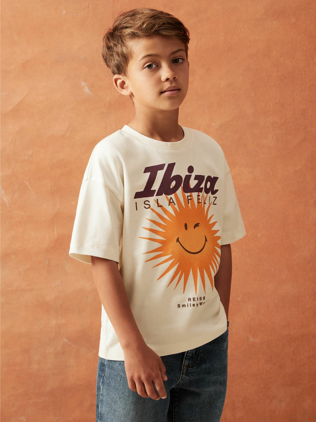 Reiss 3-9 yrs SmileyWorld Sun Motif T-Shirt in Off White