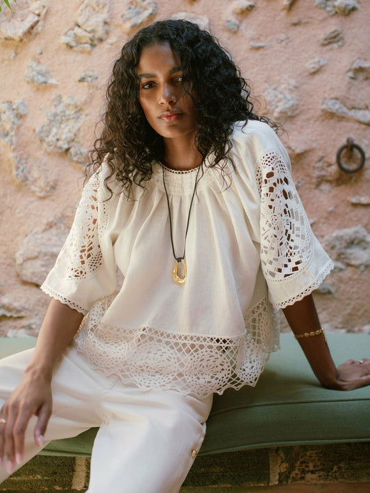 Reiss Linen Embroidered Swing Top in Ivory