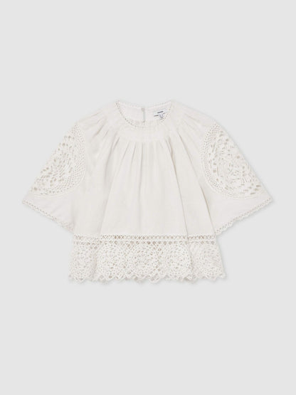 Reiss Linen Embroidered Swing Top in Ivory