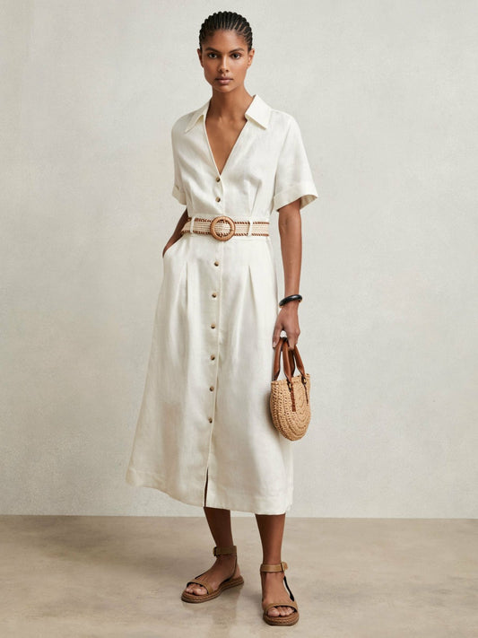 Reiss Petite Linen Belted Midi Shirt Dress in Ivory