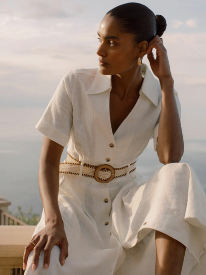 Reiss Petite Linen Belted Midi Shirt Dress in Ivory