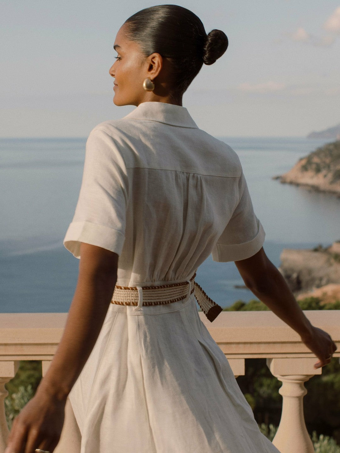 Reiss Petite Linen Belted Midi Shirt Dress in Ivory