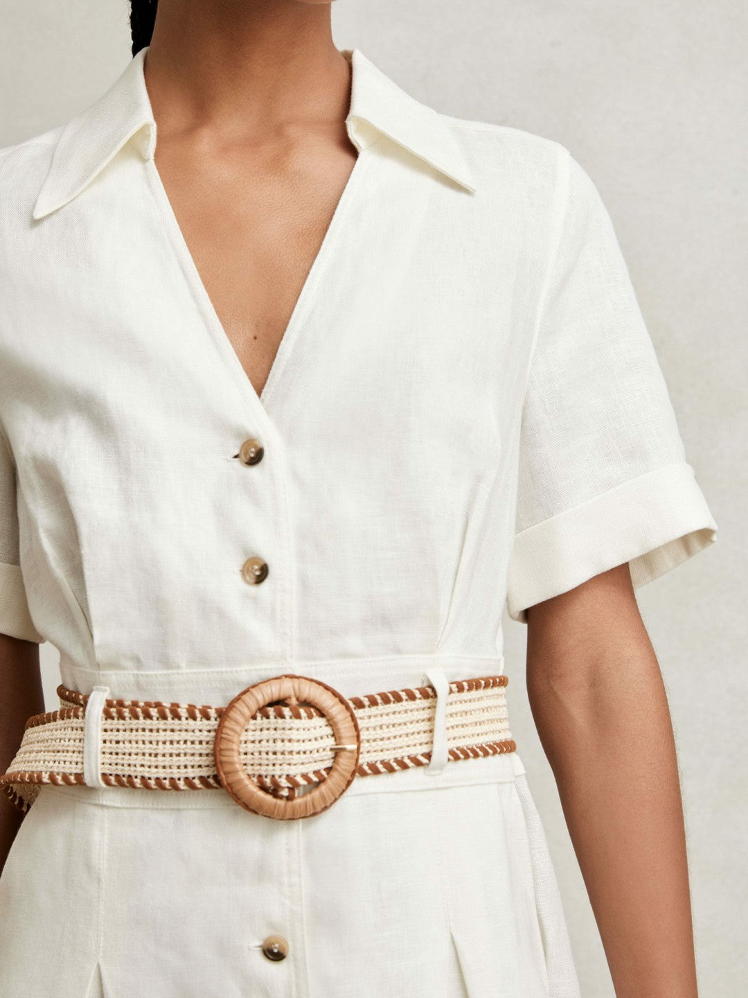 Reiss Petite Linen Belted Midi Shirt Dress in Ivory