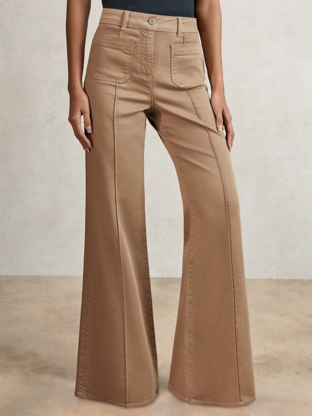 Reiss Petite Patch-Pocket Flared Jeans in Taupe Neutral