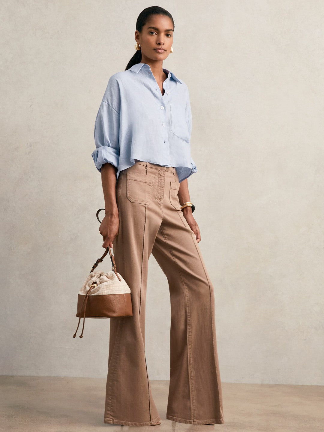 Reiss Oversize Linen Cropped Shirt in Blue